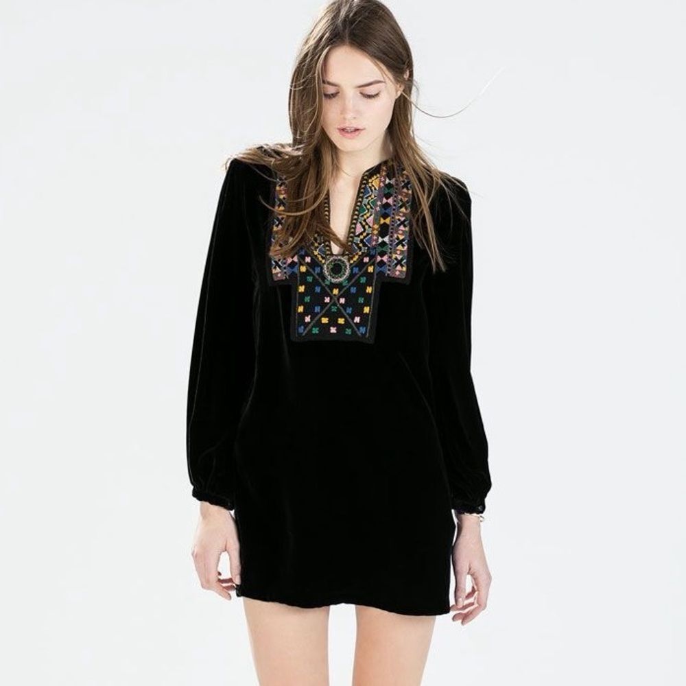 Zara Black Velveteen Mulberry Long Sleeve V-neck Boho Embroidered Mini Dress